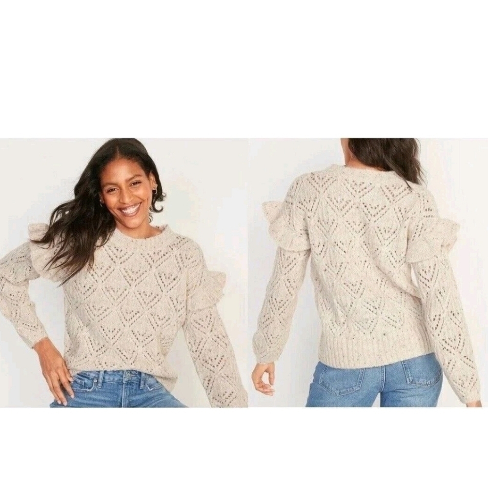 Old Navy Ruffle Trim Metallic Pointelle Knit Sweater Women L